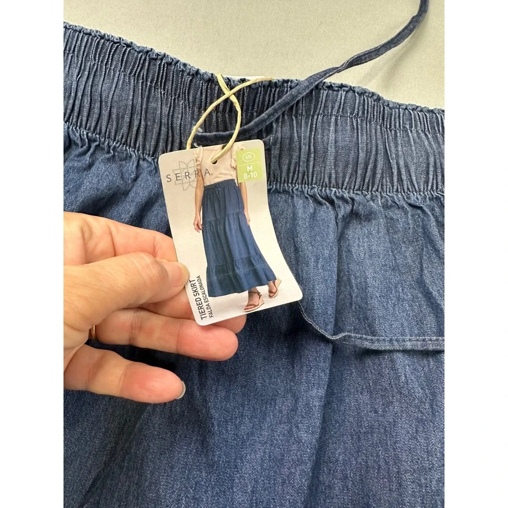 Serra Womens Blue Denim Tiered Maxi Skirt Elastic Waist Cotton Medium 8-10 NWT
